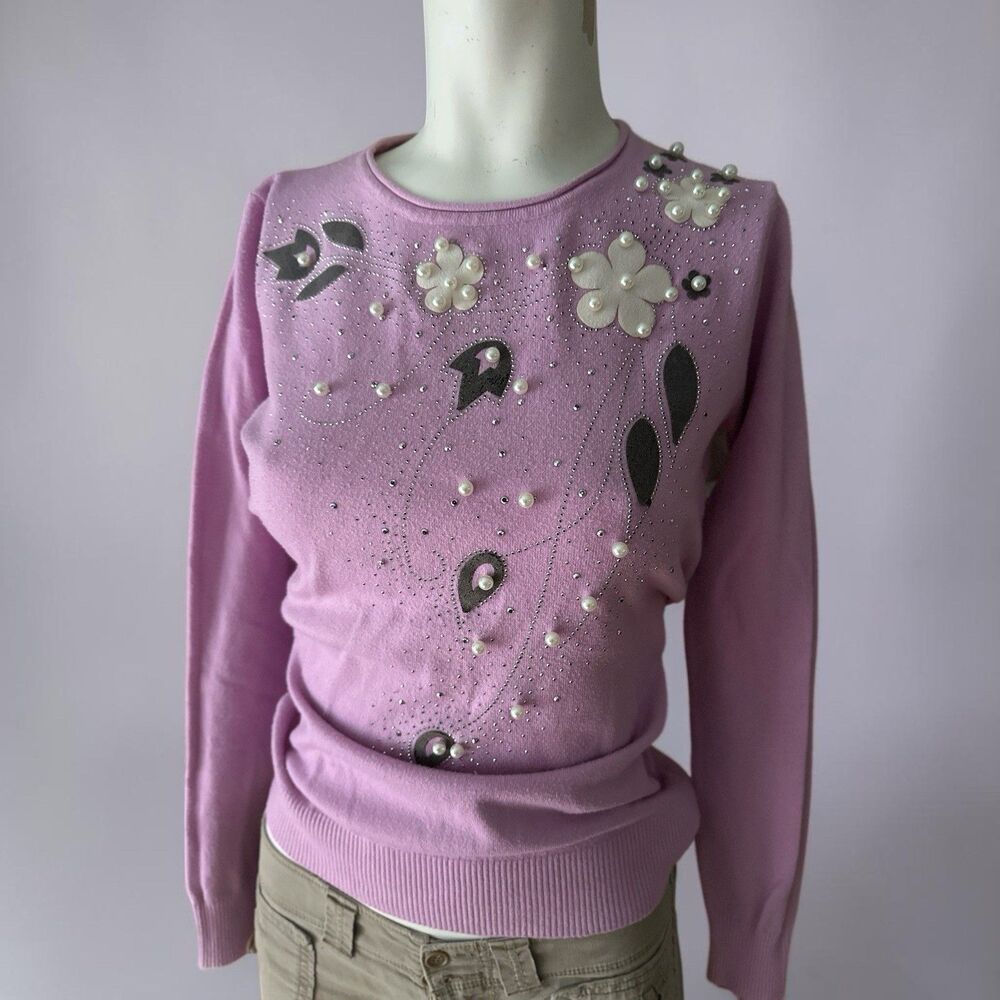 Christina 100% Cashmere Embellished Pink  Women's Sweater S/M Pearls Sequins‎